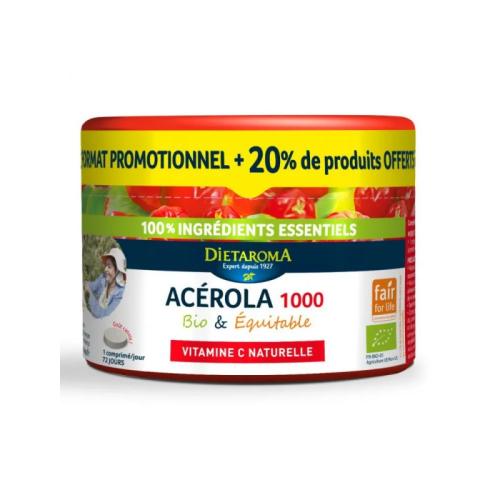 Acérola 1000 Bio - Réduction de la fatigue 60 +12 cps offerts Dietaroma