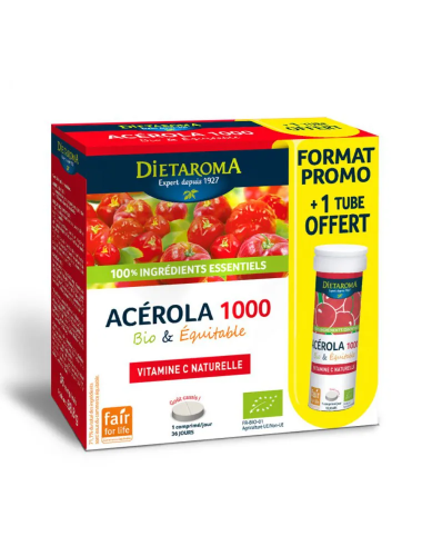Acérola 1000 Bio - Réduction de la fatigue 24 comprimés + 1 tube offert - Dietaroma
